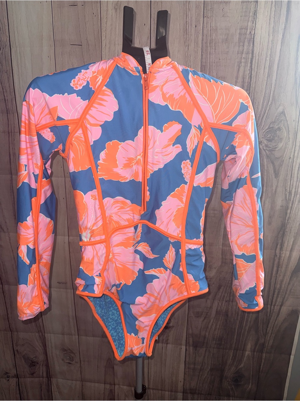 Long-Sleeve Floral Zip Front Swimsuit in Blue/Orange - Picture 5 of 9